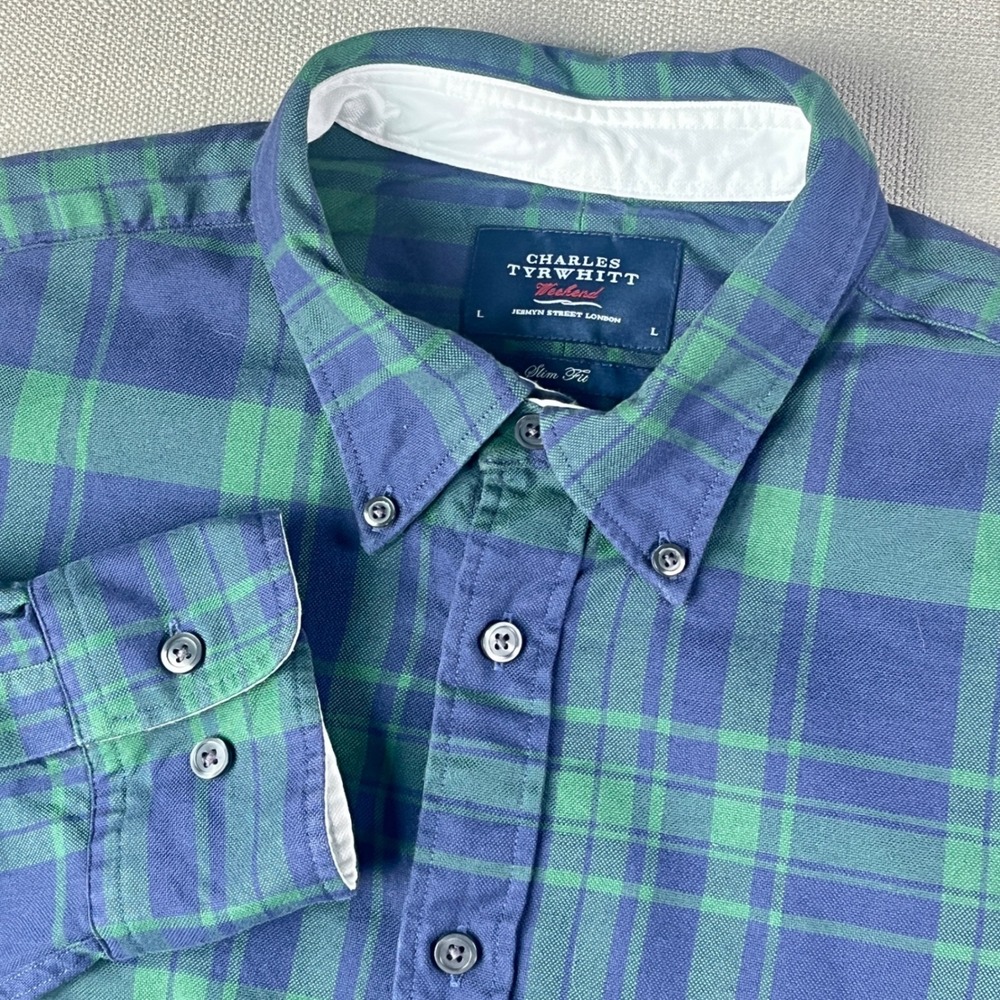 Charles Tyrwhitt Button Down Mens L Green Blue Plaid Slim Fit Weekend Shirt